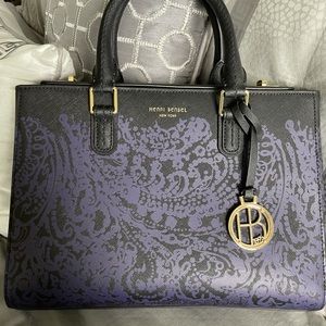 Henri Bendel West 57th Satchel Black & Blue Damask